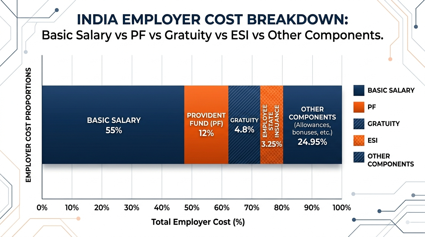 Infographic showing India employer statutory cost breakdown — PF, ESI, Gratuity, and other components