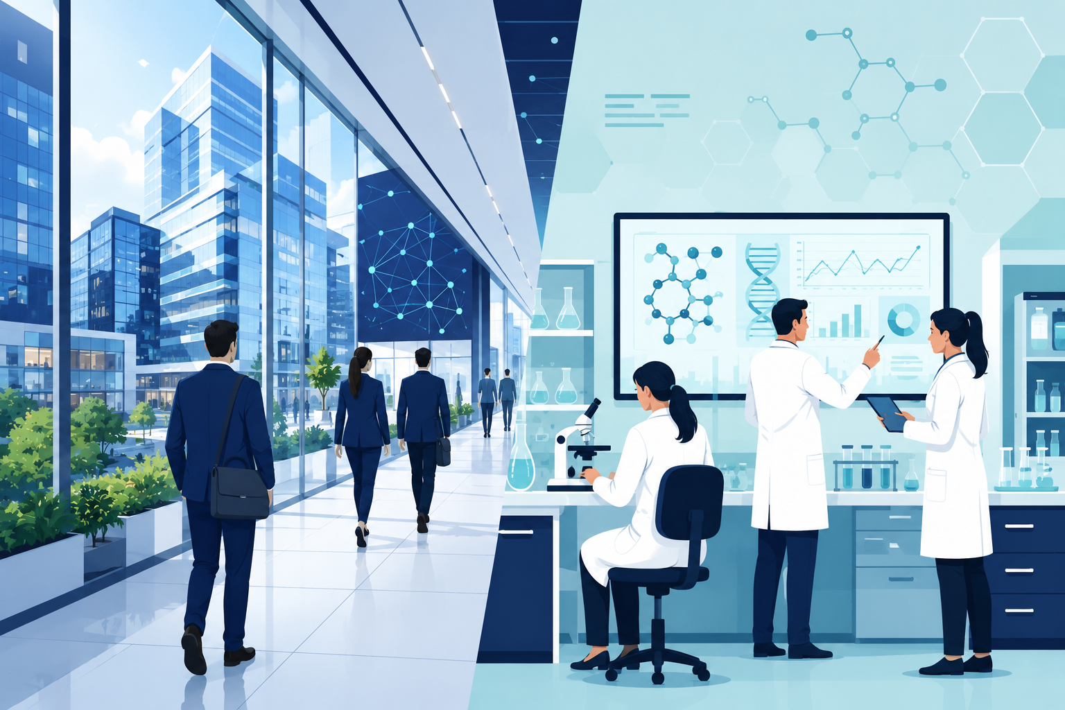 Split illustration of a Hyderabad tech park and life sciences lab representing the citys dual cloud and pharma talent base